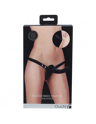 Ouch! - Silicone Ribbed Strap-On - Adjustable - Black